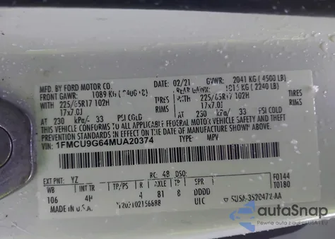 2021 Ford Escape Se из США, поврежденный, VIN 1FMCU9G64MUA20374